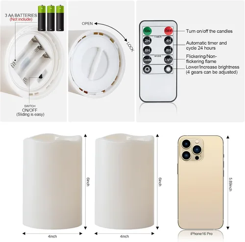 Miniatura 6 de Amagic Paquete de 2 velas eléctricas de plástico sin llama de 6 x 4 pulgadas para exteriores con control remoto y temporizador, velas falsas