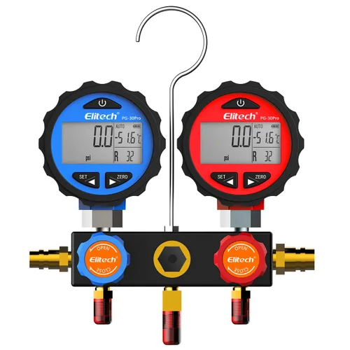 Miniatura 2 de Elitech DMG-3 Manómetro de colector de CA, juego de medidor de presión de refrigerante de 2 vías con mangueras
