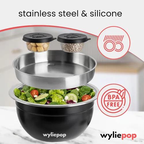 Miniatura 6 de Kit de Ensaladera de Acero Inoxidable de 64 oz y Juego de Cubiertos de Bambú de 3 Piezas con 2 Recipientes para Condimentos, Bandeja Insertable