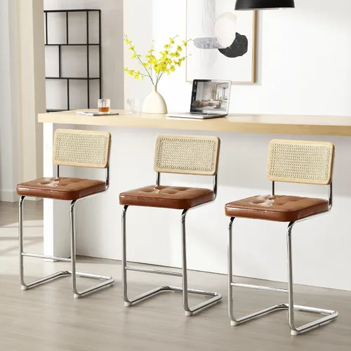 ONEVOG Juego de 3 taburetes de bar de 26 pulgadas de altura de mostrador para cocina, modernas sillas tapizadas de ratán de mediados de siglo con