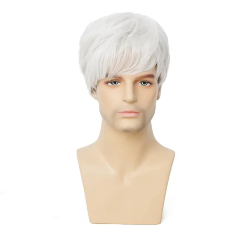 Miniatura 2 de Peluca blanca corta para hombre con flequillo capas pelo sintético pelucas diarias para uso masculino