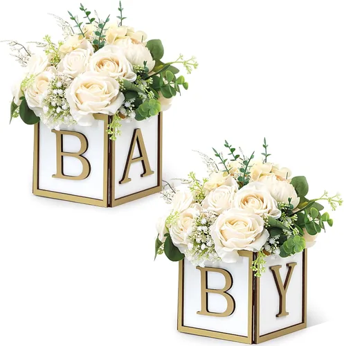 Miniatura 13 de Juego de 4 centros de mesa de baby shower para mesas, cajas de madera de 6 pulgadas con letras de bebé, cubos rústicos, bloques de madera para Rosa