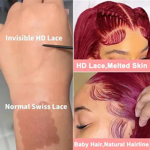 Miniatura 2 de ZGWG Pelucas de cabello humano con encaje frontal de color rojo, densidad del 180%, 13x6, 99J, pelucas de cabello humano virgen brasileño 12A