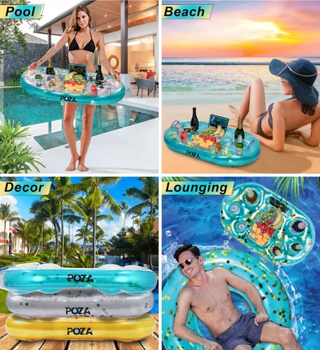 Miniatura 4 de POZA Hielera flotante inflable dorada – Lujoso soporte para bebidas relleno de confeti brillante, flotador de fiesta premium con 8 soportes, barra