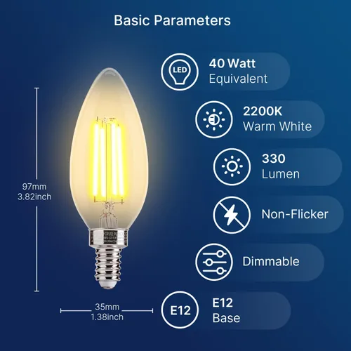 Miniatura 2 de FLSNT Amber LED Candelabra Light Bulbs 40W Equivalent, B11 E12 LED Chandelier Bulbs, 2200K Warm White, Dimmable, 330LM, 96 Pack UL,CA65 Listed.