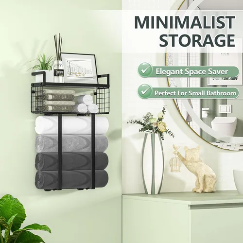 Miniatura 7 de Xstydes Toalleros para baño, toallero de metal con cesta de almacenamiento, toallero de pared para toallas enrolladas, almacenamiento de toallas