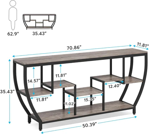 Miniatura 7 de Tribesigns Mesa de sofá de 70.9 pulgadas de largo con estantes, mesa consola rústica con almacenamiento, mesa de entrada industrial, soporte de TV