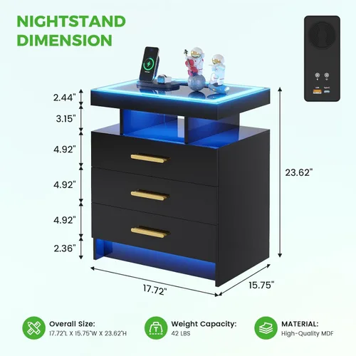 Miniatura 2 de HNEBC Mesita de noche LED con estación de carga, mesita de noche inteligente con luces de sensor de movimiento, 3 cajones, parte superior de vidrio