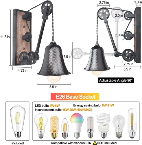 Miniatura 5 de Steampunk - Lámpara de pared industrial de polea enchufable, lámpara vintage de metal negro con interruptor, lámpara de pared retro con cable