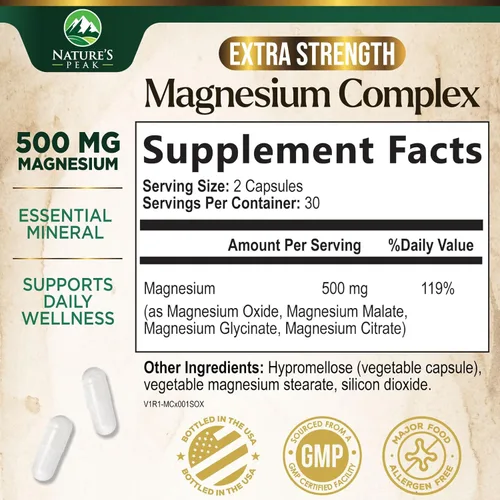 Miniatura 2 de Suplemento complejo de magnesio – Magnesio 500 mg por porción – Mezcla de alta absorción de glicinato, citrato, malato, óxido – Apoya el sueño
