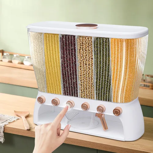 Miniatura 2 de Dispensador de alimentos secos montado en la pared 6 rejilla dispensador de arroz almacenamiento de cocina