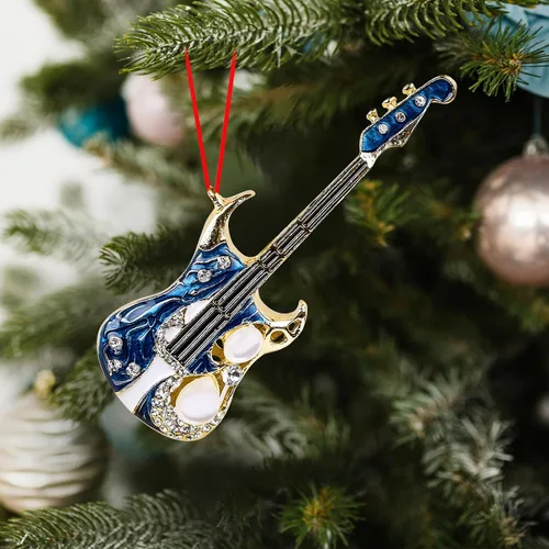Miniatura 3 de D4DREAM Adorno de Navidad de guitarra, adornos colgantes de guitarra de metal para decoración de árbol de Navidad, guitarras eléctricas azules