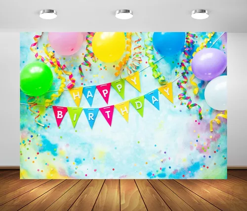 Miniatura 2 de BELECO Telón de fondo de tela de poliéster de cumpleaños, 5 x 3 pies, incluye decoraciones de feliz cumpleaños, globos, pancarta, para fiesta