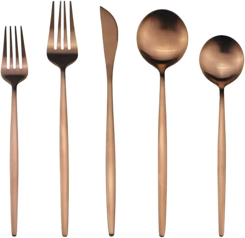 Miniatura 2 de Juego de cubiertos de cobre mate, acabado satinado, 20 piezas, acero inoxidable 18/10, cuchara, tenedor y cuchillo, servicio para 4, utensilios