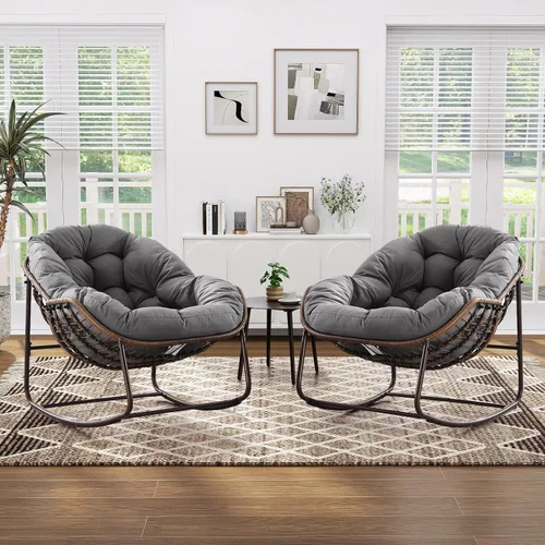 Miniatura 10 de Mecedora de gran tamaño para interiores, cómoda silla mecedora de pana con cojín grueso y marco, silla mecedora grande de mimbre para sala de estar