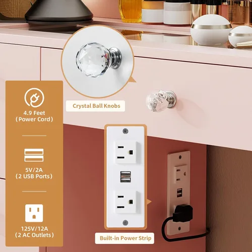 Miniatura 7 de VOWNER Tocador con espejo iluminado: escritorio de maquillaje con parte superior de vidrio con 7 cajones y toma de corriente, 3 modos de iluminación