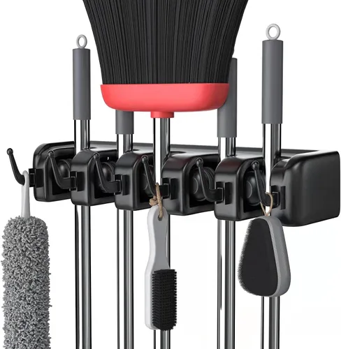 LETMY Soporte de pared para escoba, soporte para fregona y escoba, estante de almacenamiento de garaje y organizador de herramientas de jardín, 5