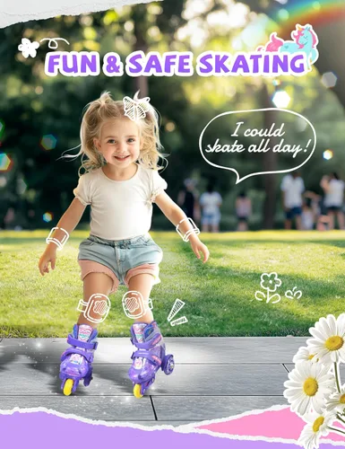 Miniatura 2 de Patines de unicornio para niños pequeños, patines de entrenamiento para niños con triple protección de seguridad, patines de 4 tamaños ajustables