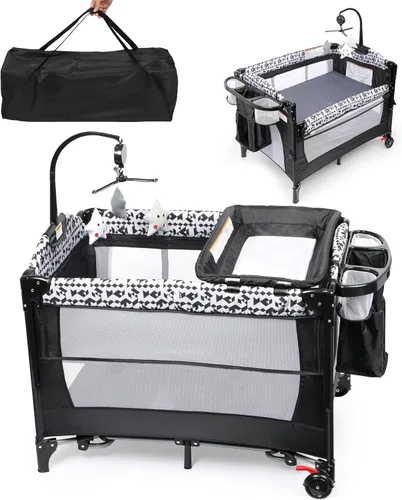 Miniatura 8 de Xilingol Parque de juegos 5 en 1, moisés para bebé con cambiador de pañales junto a la cama, bolsa de almacenamiento y caja de música, cuna portátil