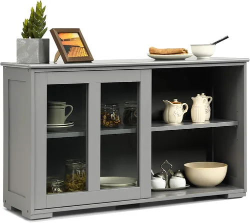 Miniatura 9 de Costzon Aparador Buffet Mueble, Gabinete de Almacenamiento de Cocina de Madera con Estante Ajustable, Puertas Corredizas de Vidrio, Mueble de Puerta