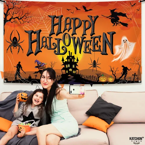 Miniatura 4 de KatchOn Cartel naranja de feliz Halloween, extra grande de 72 x 44 pulgadas, telón de fondo de calabaza para decoraciones de fiesta y fotografía