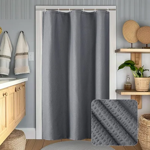Miniatura 32 de OWENIE Cortina de ducha blanca para baño, 96 pulgadas, extra larga, elegante cortina de ducha de tela texturizada en relieve 3D, repelente al agua