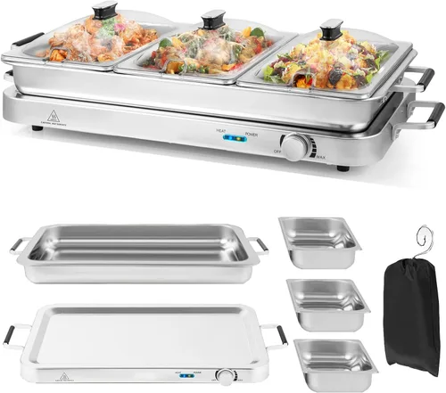 Giantex Servidor de Buffet y Calentador de Alimentos Eléctrico, Bandeja de Calentamiento de Alimentos 2 en 1, Temperatura Ajustable, 3 Bandejas de