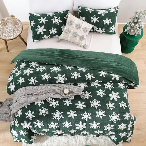 Miniatura 9 de JANZAA - Juego de ropa de cama navideña tamaño matrimonial, juego de edredón de terciopelo color esmeralda con copos de nieve blancos