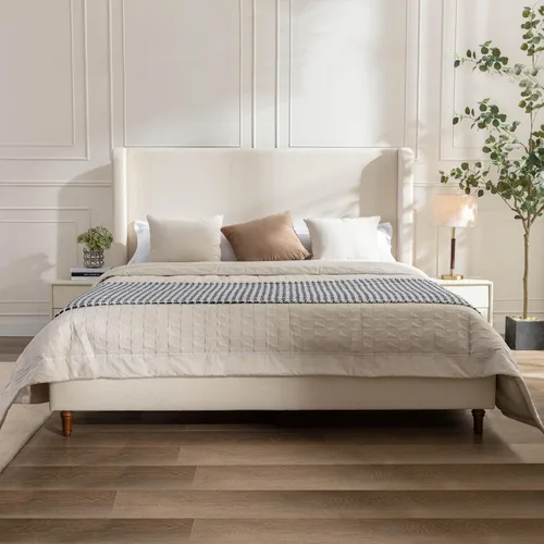 Miniatura 22 de Base de cama tapizada tamaño Queen, cabecera acolchada de 54" con respaldo geométrico, plataforma tapizada para dormitorio de niños, adolescentes