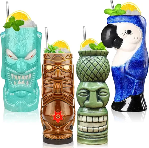 SuproBarware Tiki - Juego de 4 tazas grandes de cerámica hawaiana para fiesta, cócteles, copas tropicales de primera calidad, bonitas copas de