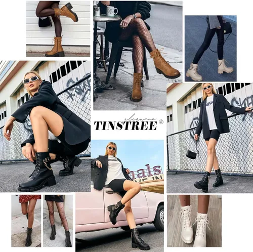 Miniatura 6 de TINSTREE Botas de combate de tacón bajo con hebilla de moda para mujer, botas de combate con cremallera lateral, botas antideslizantes para montar