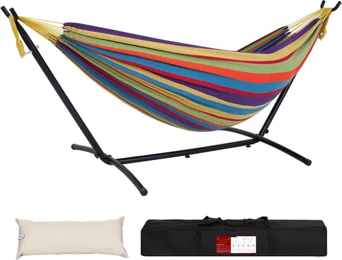Miniatura 9 de Lazy Daze Hammocks Hamaca doble con soporte de acero de 9 pies que ahorra espacio, incluye funda de transporte portátil, capacidad de 450 libras
