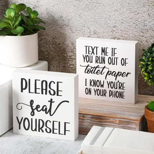 Miniatura 10 de Jetec 2 piezas de decoración de letreros de baño de granja, caja de madera con signo, arte de pared divertido para el baño, placa de madera rústica
