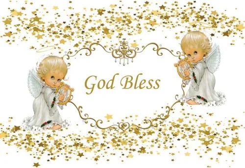 Miniatura 4 de Telón de fondo de 5 x 3 pies con texto en inglés "God Bless First Holy Comunion Bautismo" Bautizo Fondo Ángel Baby Lentejuelas Doradas Estrella