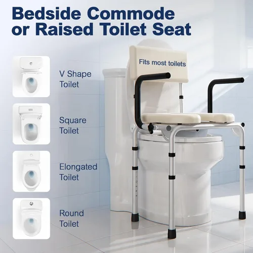 Miniatura 8 de Asiento sanitario junto a la cama con brazo desplegable, inodoro con asiento acolchado y respaldo, capacidad de 400 libras, cubo removible de 6.3QT