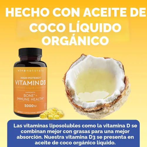 Miniatura 3 de Viva Naturals Vitamina D3 5000 UI, cápsulas blandas, 360 unidades (125 mcg), apoya la salud ósea e inmune, vitamina D de alta potencia
