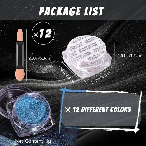 Miniatura 6 de 12 Frascos de Polvo Holográfico para Uñas, Kit de Polvo Cromado para Uñas Negro Azul Conjunto de Polvo de Purpurina Ultra Fino, Pigmento Neón
