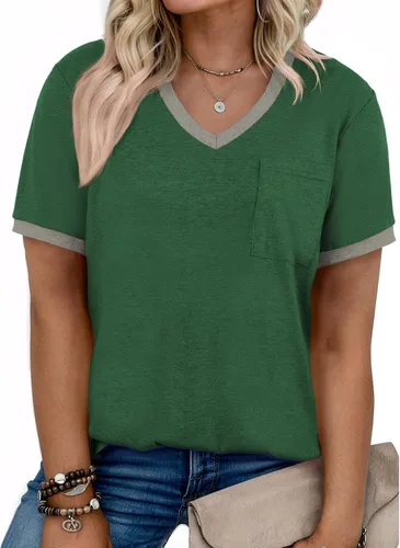 Miniatura 84 de Eytino Blusas de talla grande para mujer, cuello en V, manga corta, a rayas, casual, holgada, con bolsillo (1X-5X)
