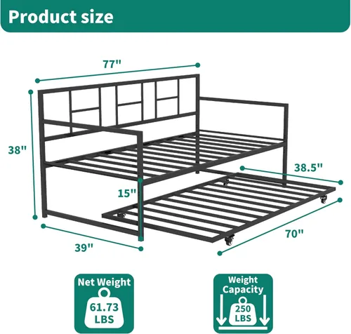 Miniatura 2 de YITAHOME Sofá cama con nido, cama individual de altura ajustable con nido extraíble, sofá cama con soporte de listones de acero para sala de estar