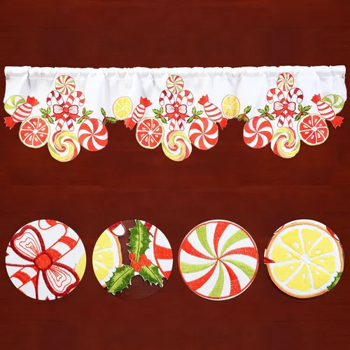 Miniatura 2 de Cenefa de Cortina de Ventana de Cocina con Bolsillo para Barra Bordada de Bastón de Caramelo de Navidad y Fiestas A 58 × L 14 Pulgadas