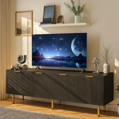 Soporte de TV negro para televisores de hasta 80 pulgadas, consola de TV moderna de mediados de siglo, soportes de TV para sala de estar y
