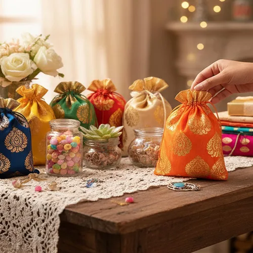 Miniatura 4 de Touchstone Preciosas bolsas de envoltura de regalos reutilizables, ecológicas, grandes con cordón, estampado de hojas de ficus para cumpleaños