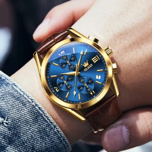 Miniatura 2 de OLEVS Reloj cronógrafo de cuarzo para hombre correa de cuero dorada con fecha de día reloj de pulsera de acero inoxidable impermeable relojes