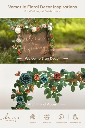Miniatura 3 de Ling's Moment Guirnalda de Flores Artificiales de 5 Pies Azul Verde Azulado Rosa Naranja Quemado Hojas de Eucalipto Guirnalda Floral Arco Flores O