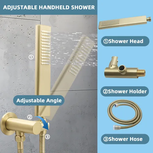 Miniatura 4 de Cabezal de ducha de mano de latón macizo, diseño de arco, varita de ducha de mano dorada cepillada de alta presión con conector de pared de codo