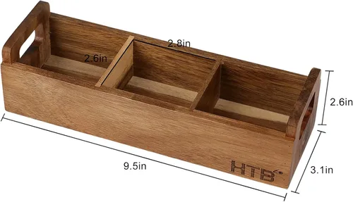 Miniatura 2 de HTB Caja Pequeña de Bolsitas de Té de Madera, 3 Compartimentos, Cofre de Bolsitas de Té de Madera de Acacia con Asa, Mini Contenedor