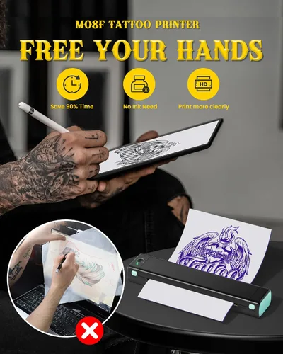 Miniatura 2 de Itari M08F - Impresora inalámbrica de plantillas de tatuajes, máquina de transferencia de tatuajes, copiadora térmica con 10 piezas de papel de Negro