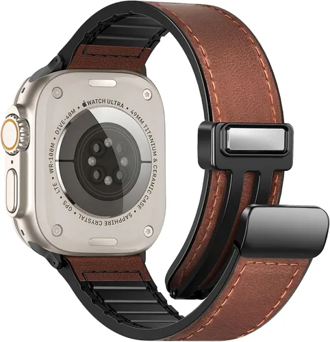 Correas de cuero magnéticas compatibles con Apple Watch 42mm (Serie 10/11) 41mm 40mm 38mm para hombres y mujeres, cuero genuino con hebilla