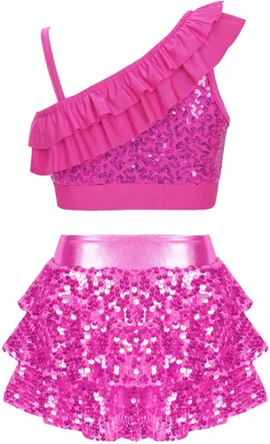 Miniatura 23 de JEATHA Top corto con borlas y lentejuelas brillantes para niñas, con minifalda, jazz latino, salsa, samba, rumba, baile
