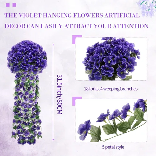 Miniatura 3 de XunYee Paquete de 4 flores artificiales colgantes para exteriores, plantas colgantes falsas de 5 pétalos de seda violeta, plantas de simulación